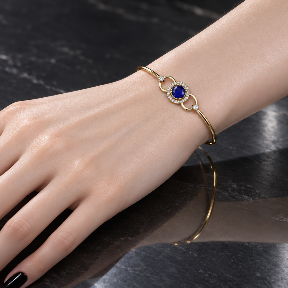 Sapphire Circle Diamond Gold Bangle - worn view 1