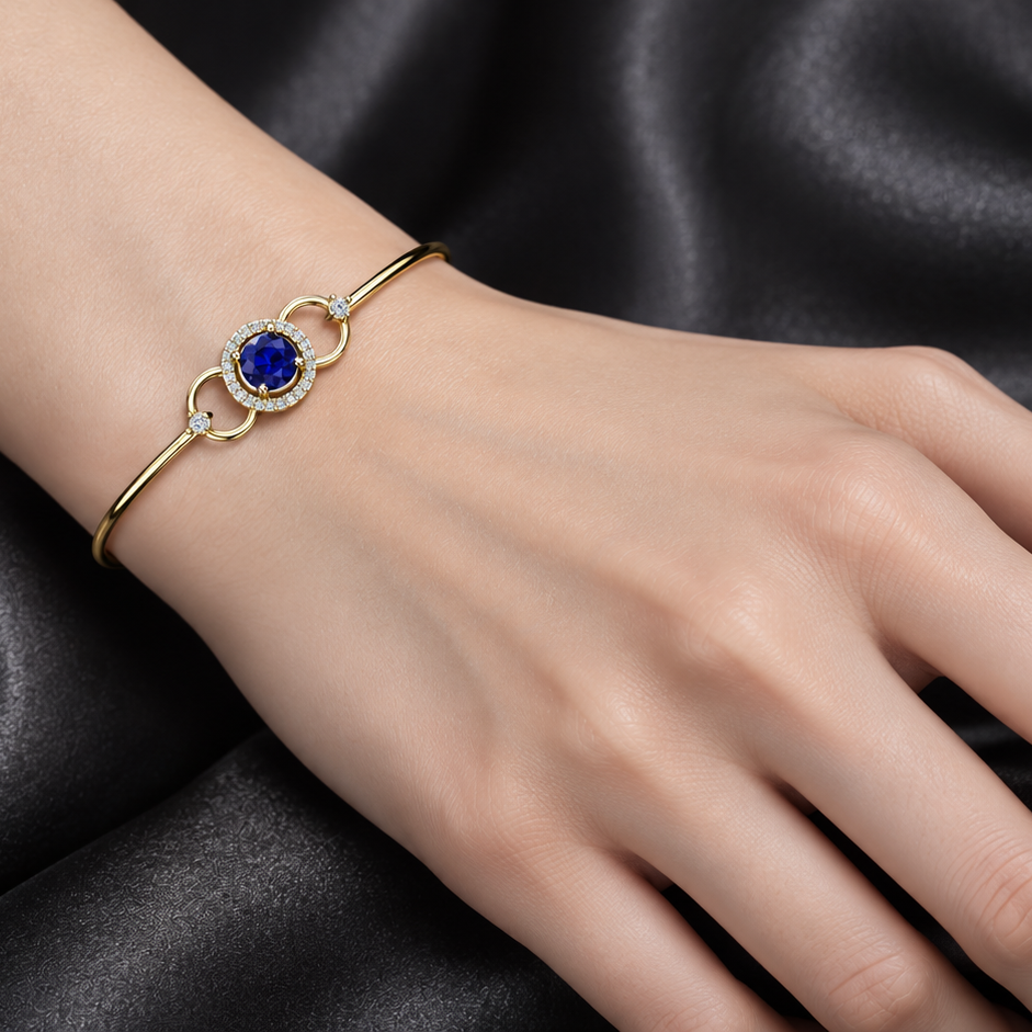 Sapphire Circle Diamond Gold Bangle - worn view 2