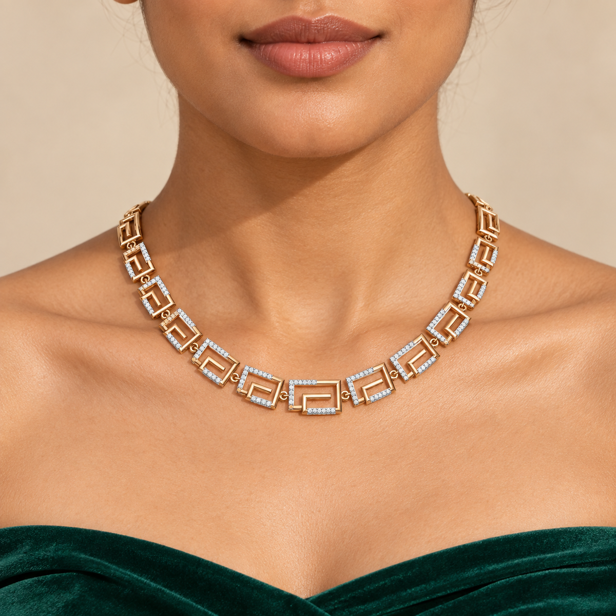 Art Deco Maze Diamond Necklace - worn view 1