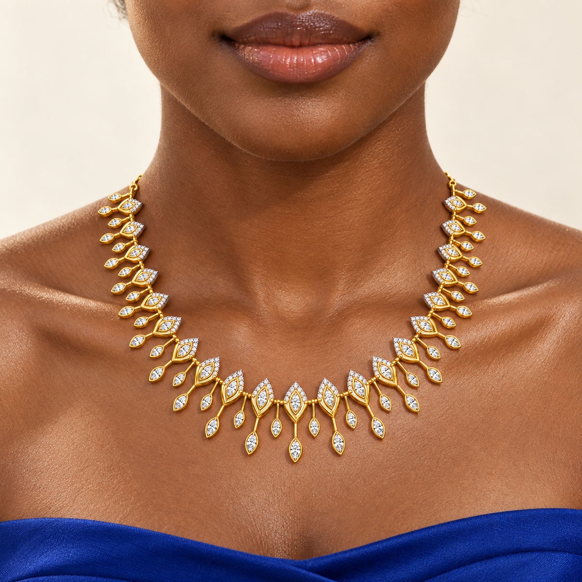 Marquise Leaf Cascade Diamond Necklace - worn view 1