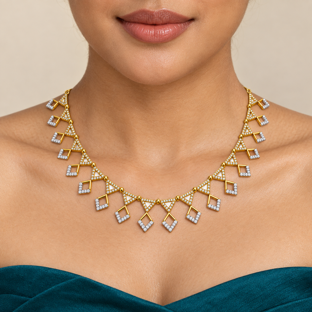Triangle and Square Drop Diamond Necklace - worn view 1