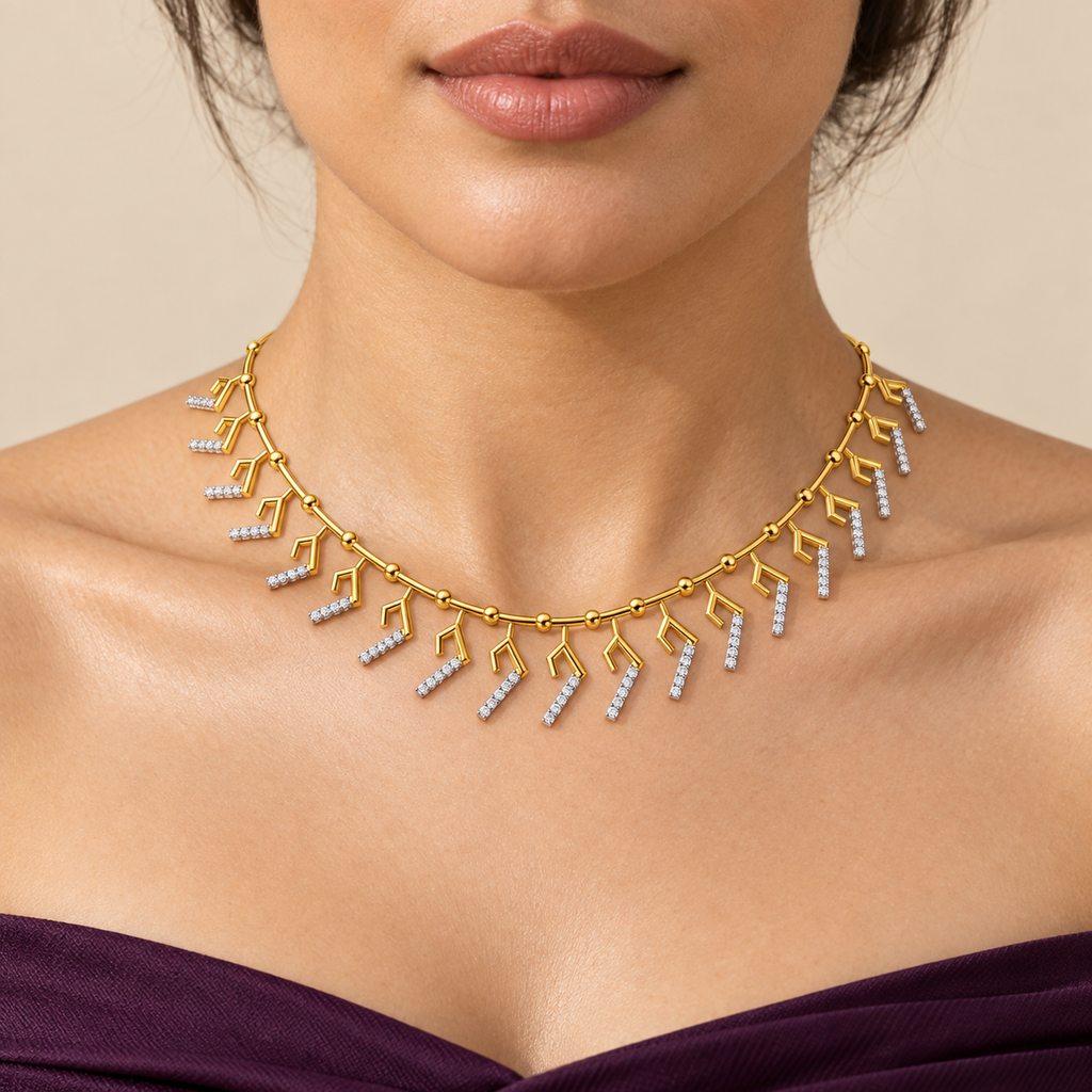 Graduated Chevron Fringe Diamond Necklace - worn view 1