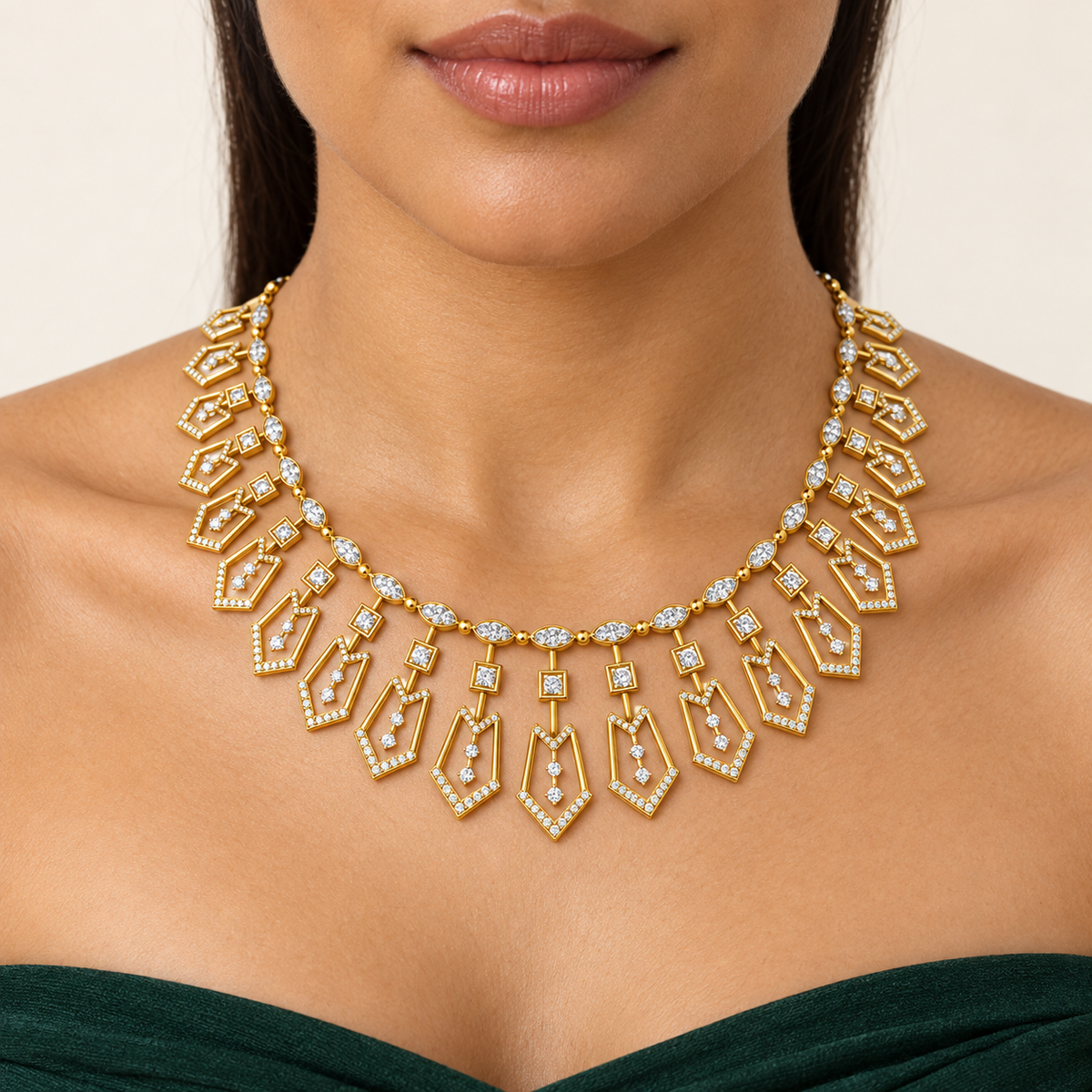 Geometric Shield Fringe Diamond Necklace - worn view 1