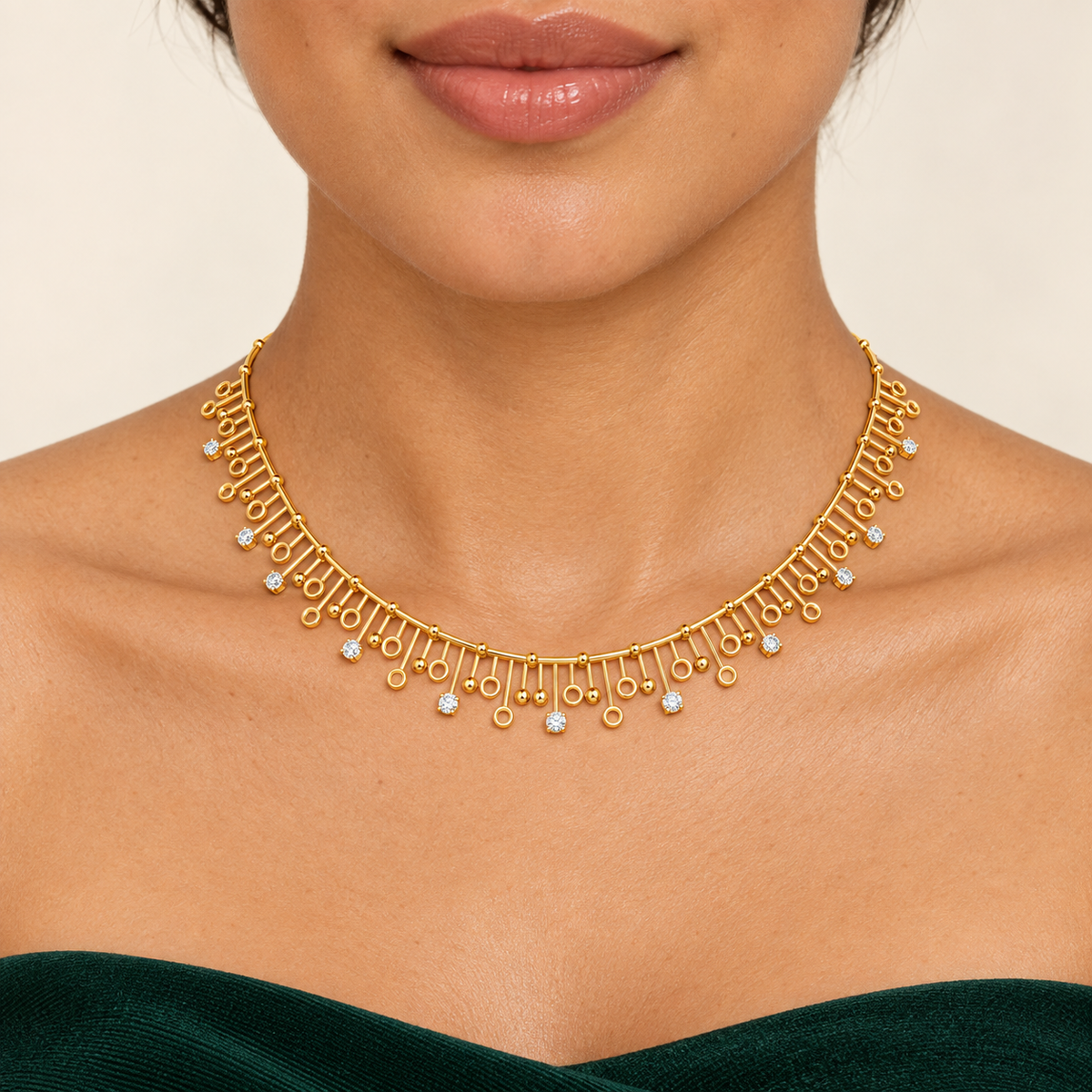 Circle Bar Charm Diamond Necklace - worn view 1