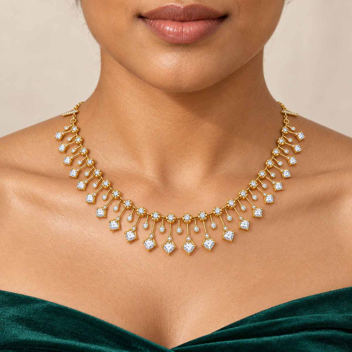Square and Teardrop Fringe Diamond Necklace - worn view 1
