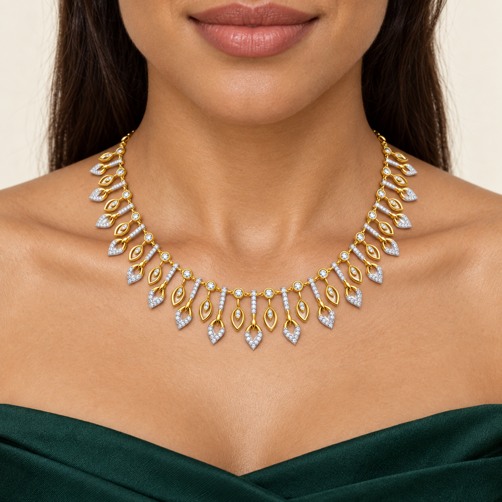 Botanical Leaf Fringe Diamond Necklace - worn view 1