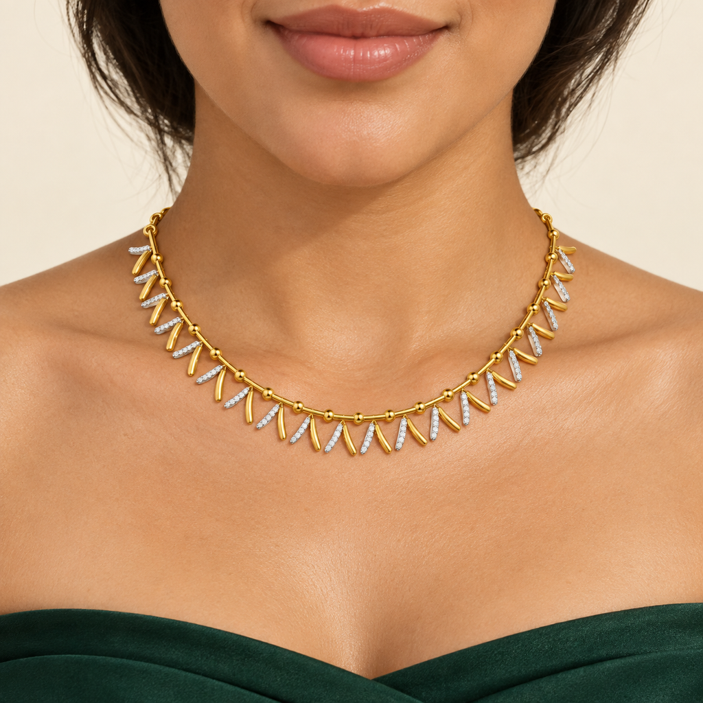 Two-Tone Leaf Fringe Diamond Necklace - worn view 1