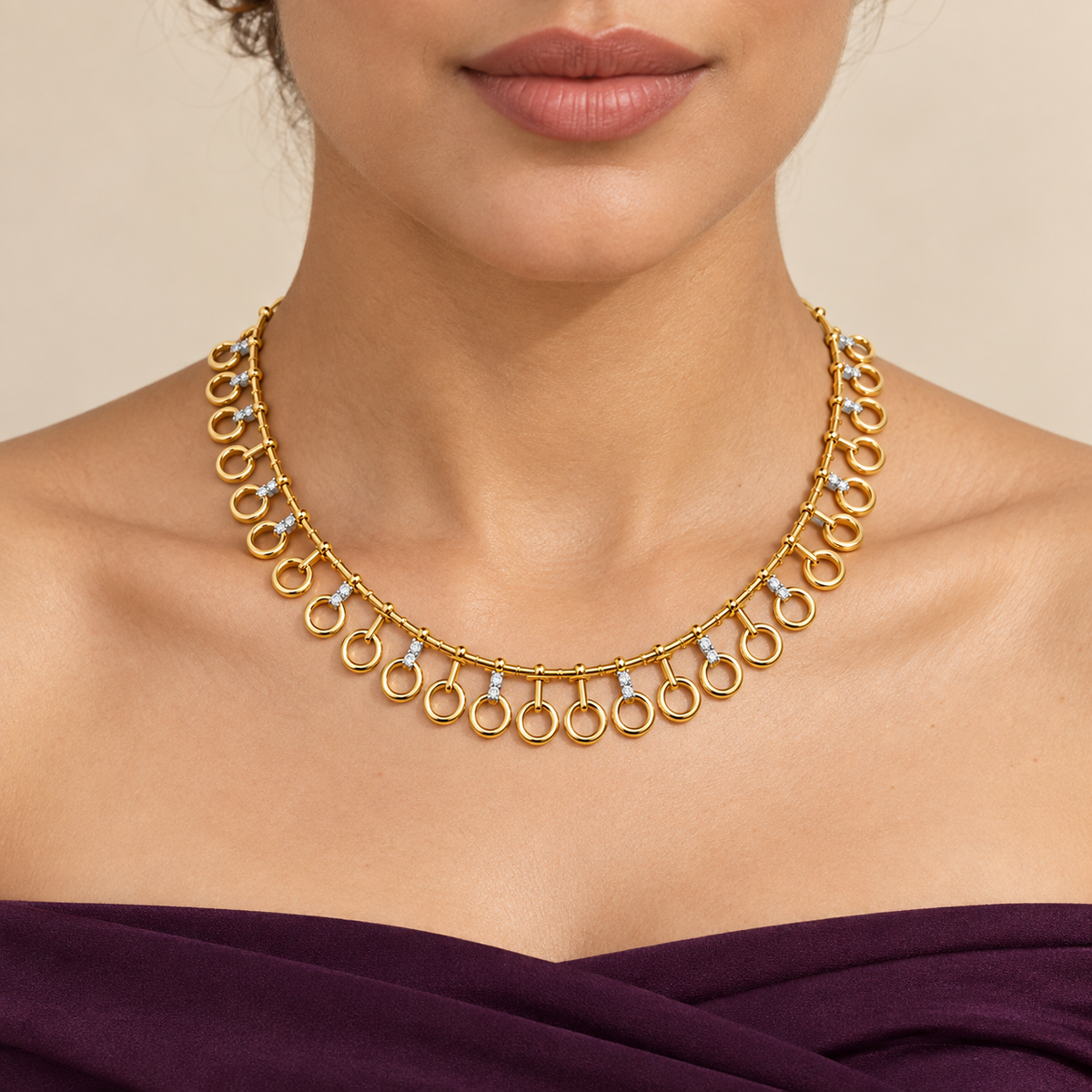 Open Circle Fringe Diamond Necklace - worn view 1
