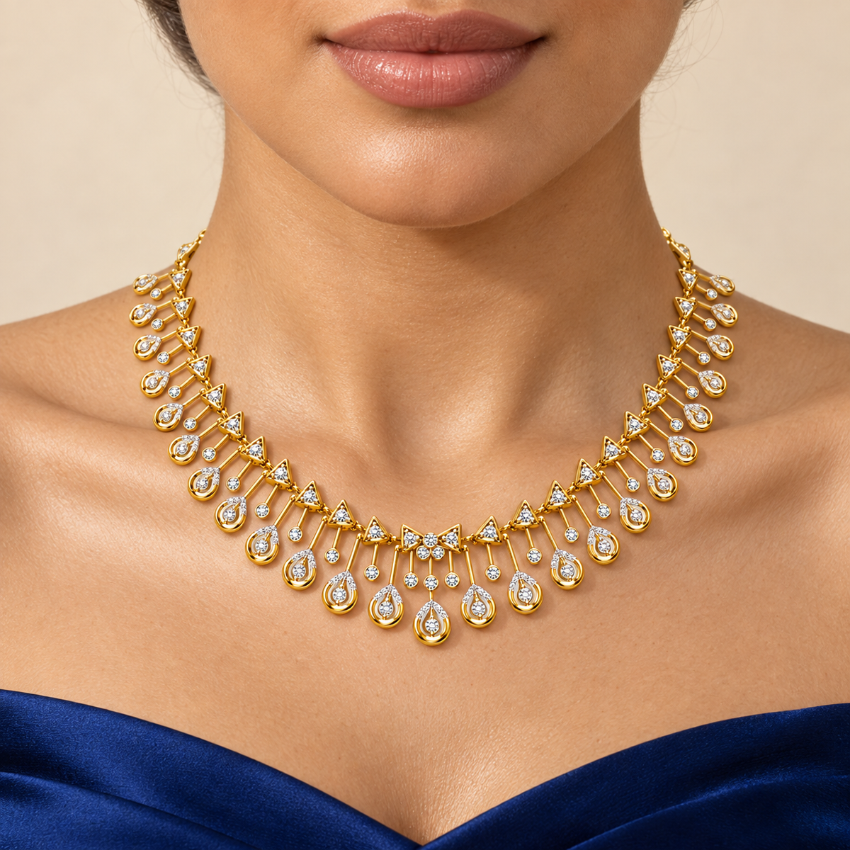 Triangle Teardrop Diamond Necklace - worn view 1