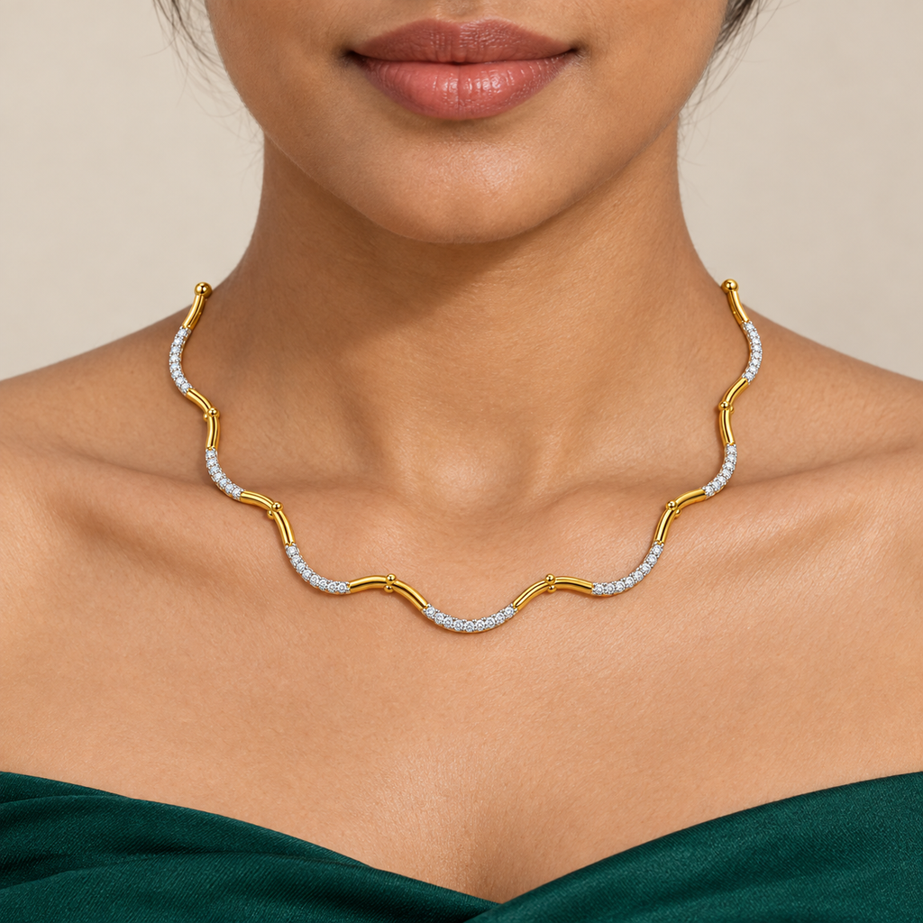 Curved Pave Wave Diamond Necklace - worn view 1