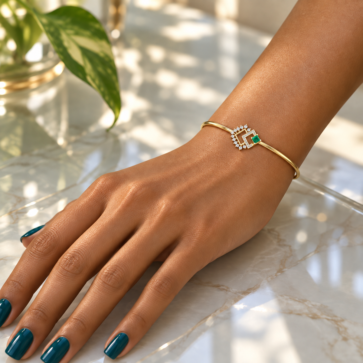 Verdant Geometric Diamond Bangle - worn view 1