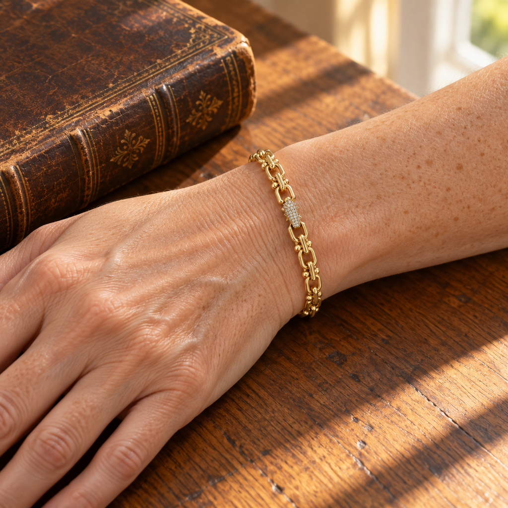 Diamond Barrel-Link Gold Bracelet - worn view 1