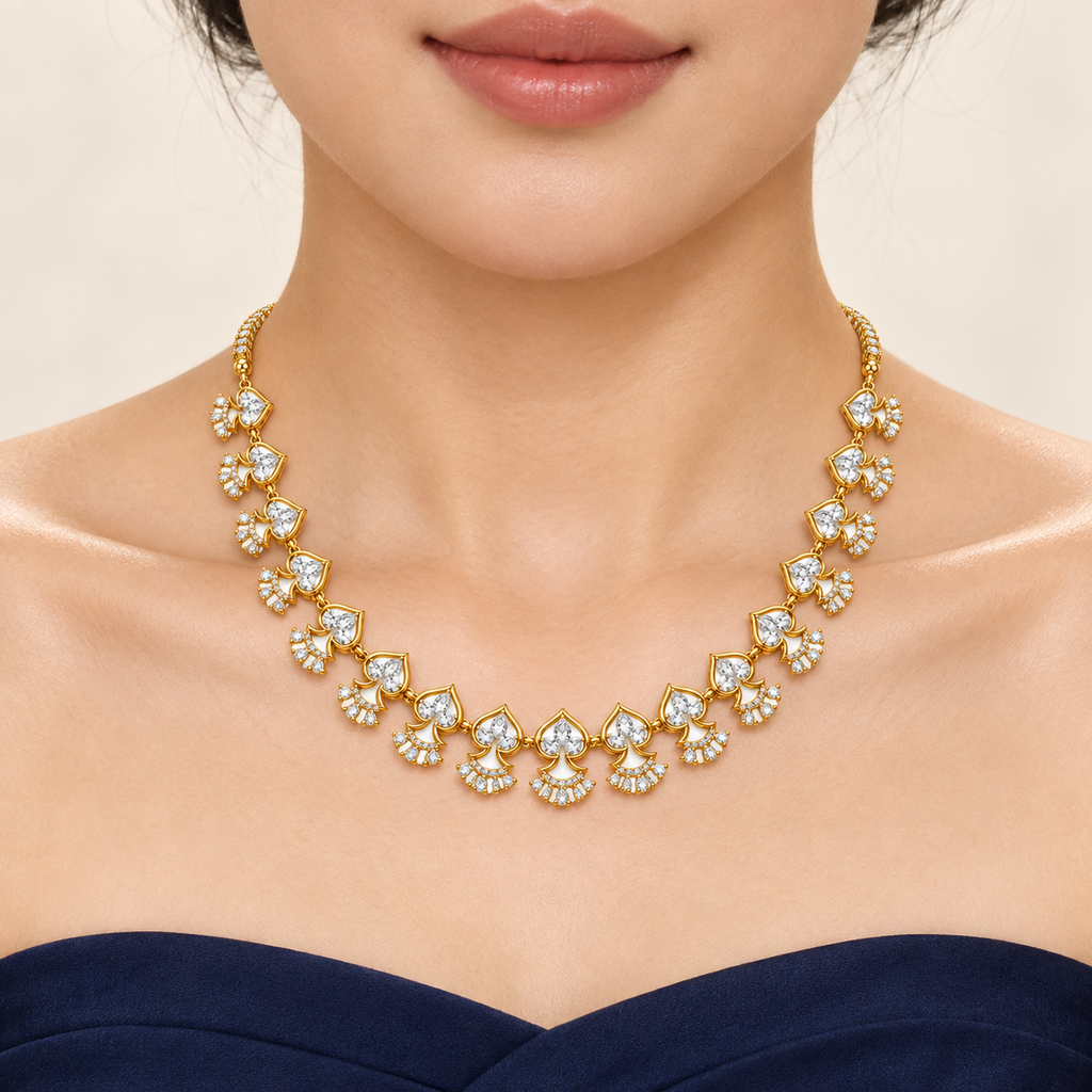 Lotus Fan Diamond Necklace - worn view 1