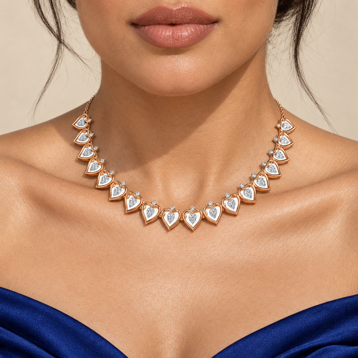 Double Heart Halo Diamond Necklace - worn view 1