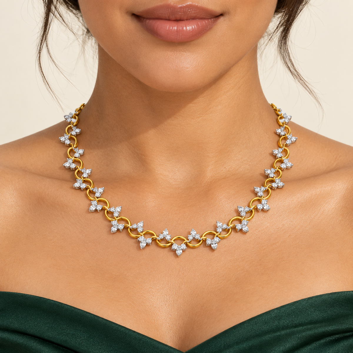 Marquise Cluster Link Diamond Necklace - worn view 1