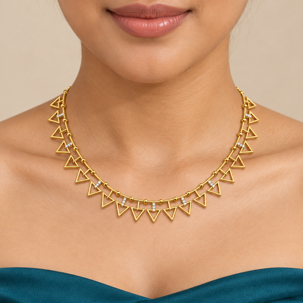 Open Triangle Fringe Gold Necklace - worn view 1
