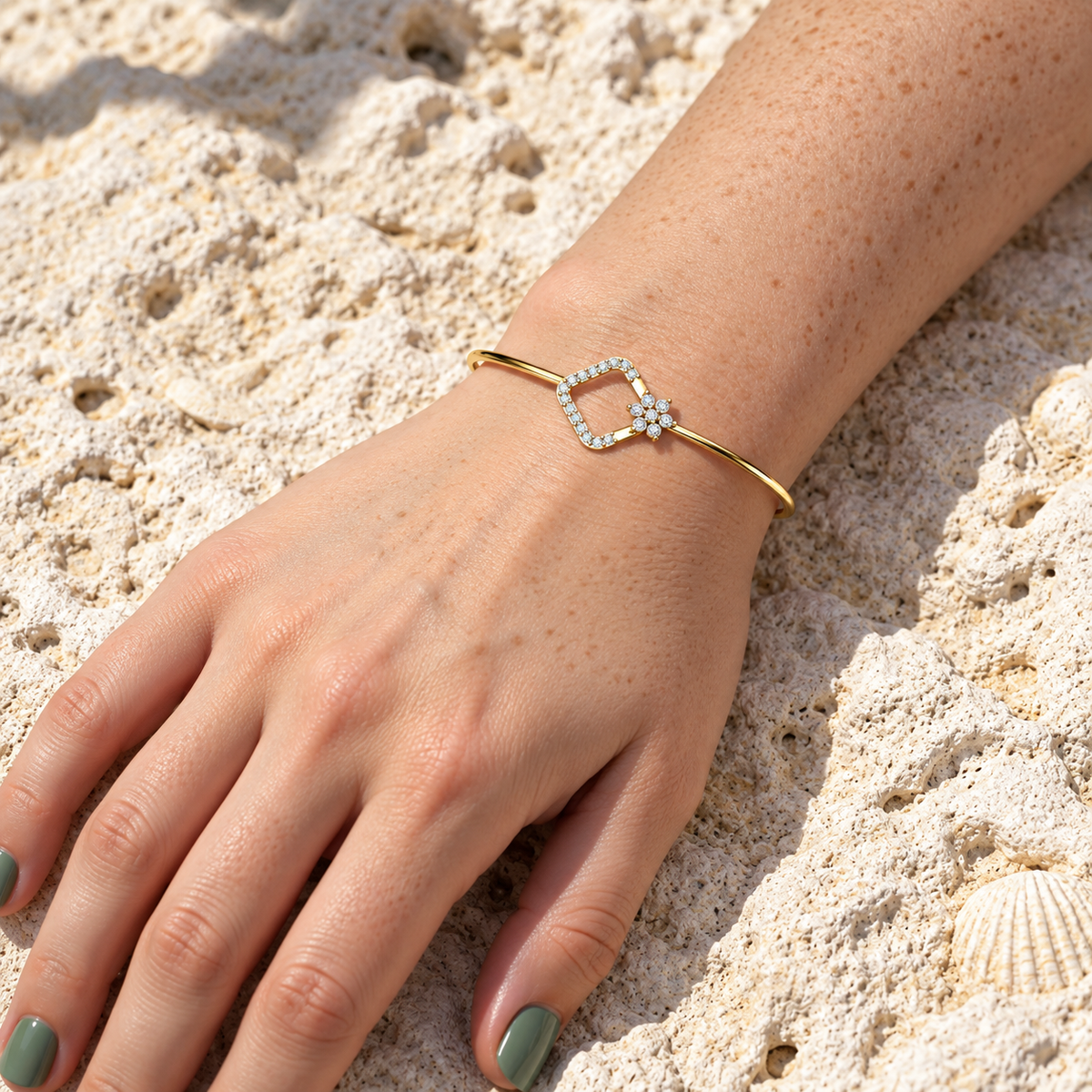 Floral Open-Square Diamond Bangle - worn view 1