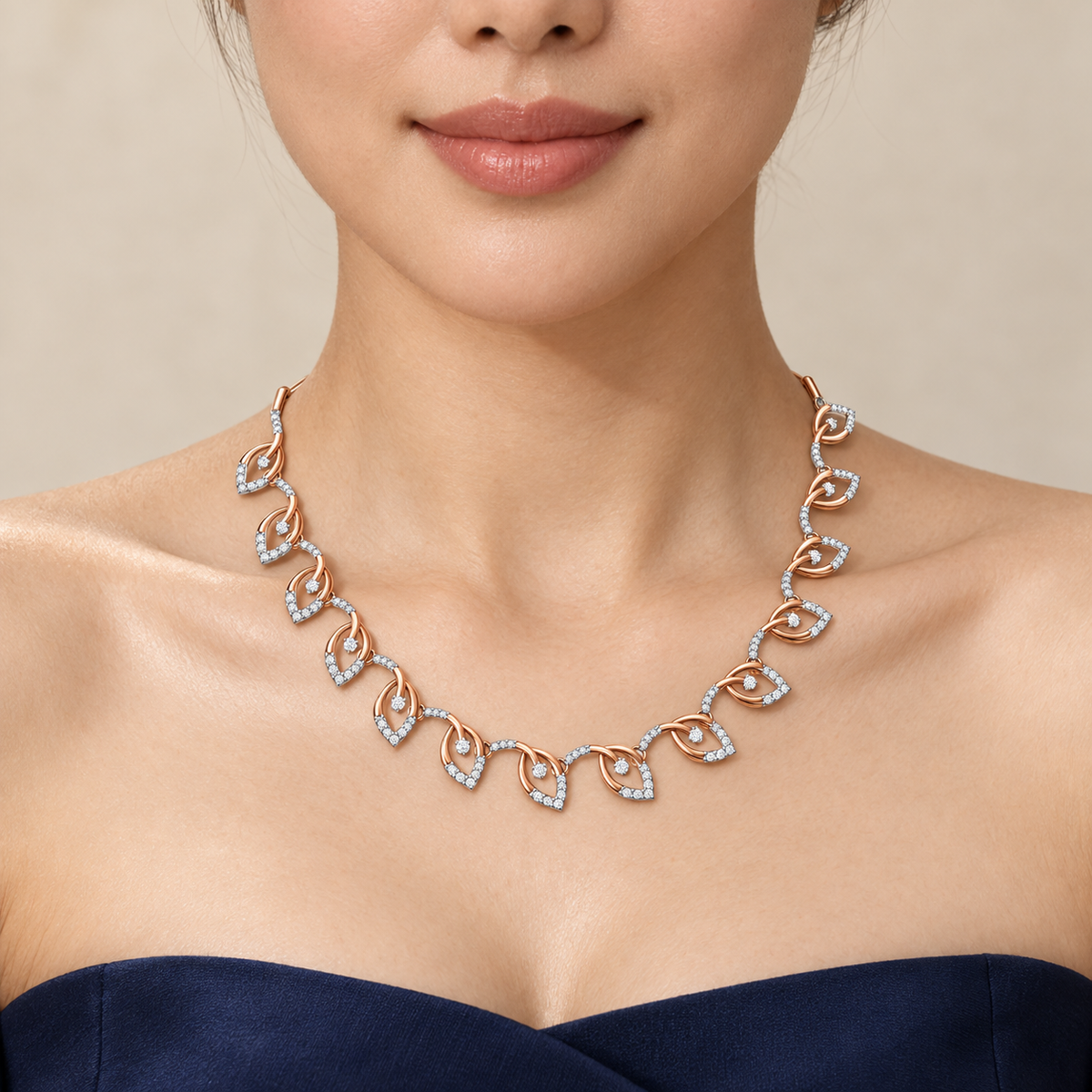Rose Gold Open Heart Diamond Necklace - worn view 1