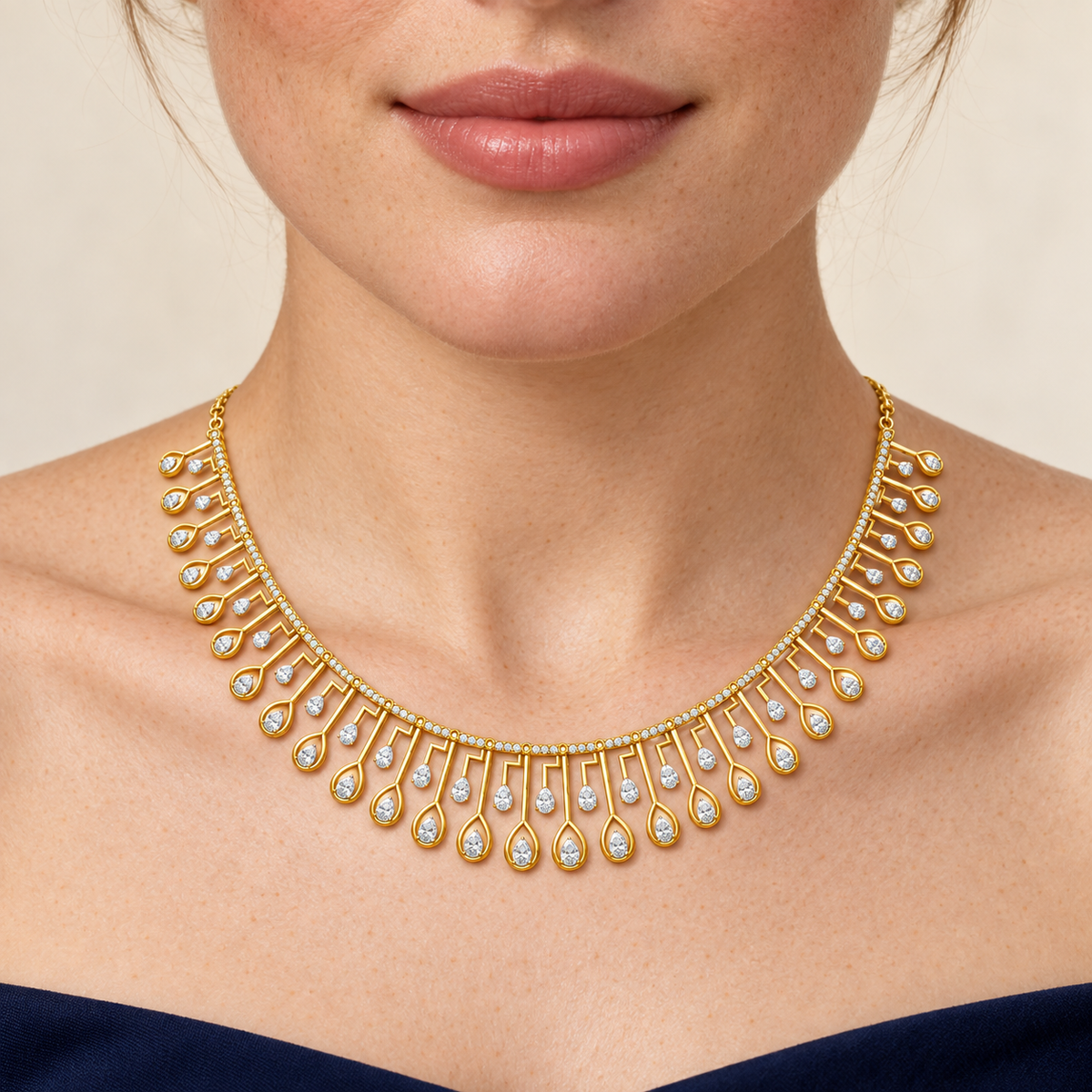 Teardrop Harp Fringe Diamond Necklace - worn view 1