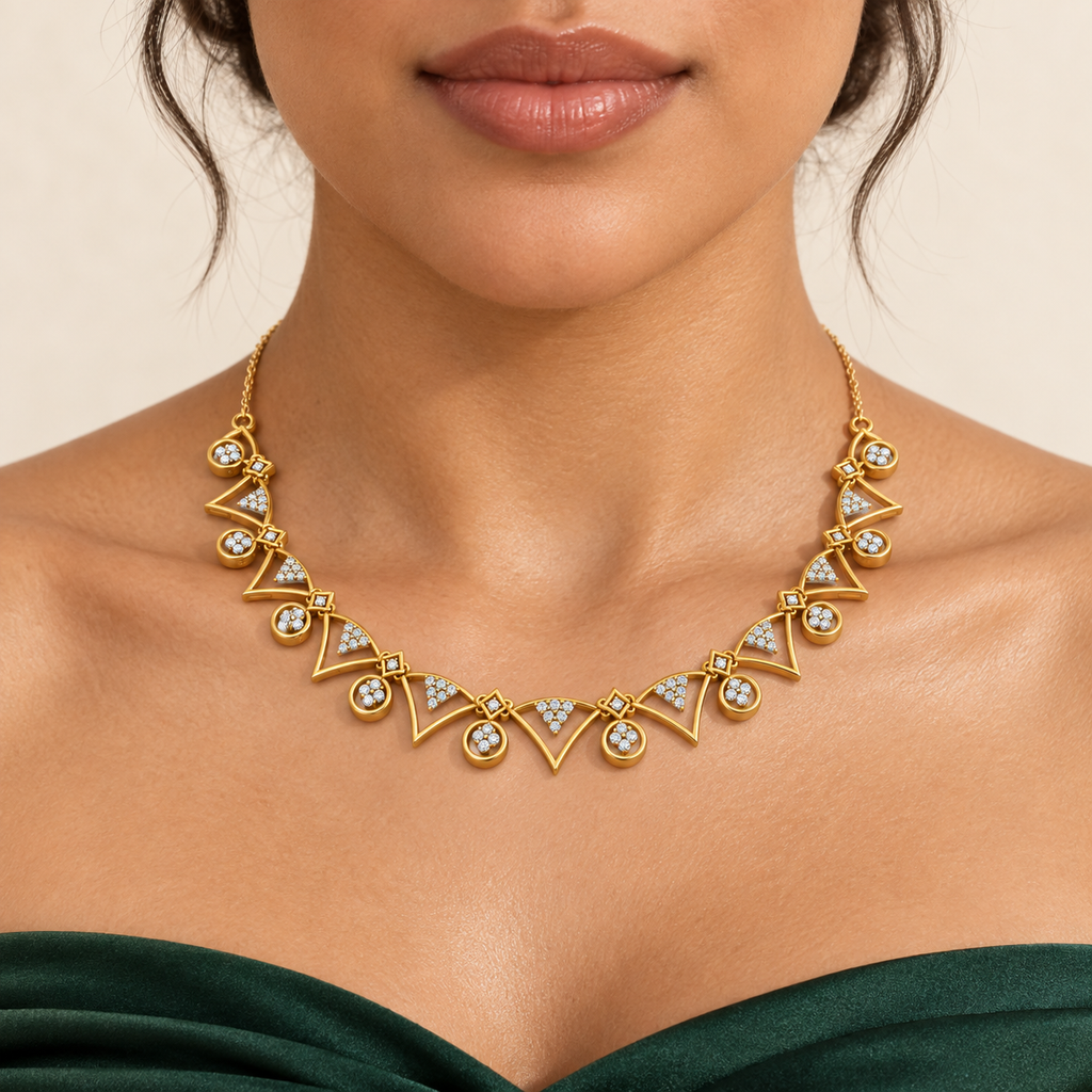 Geometric Bell Charm Diamond Necklace - worn view 1