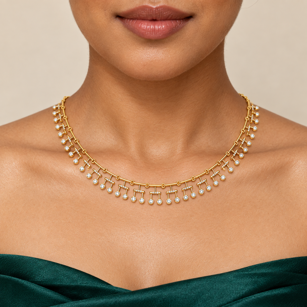 Beaded Bar Fringe Diamond Necklace - worn view 1