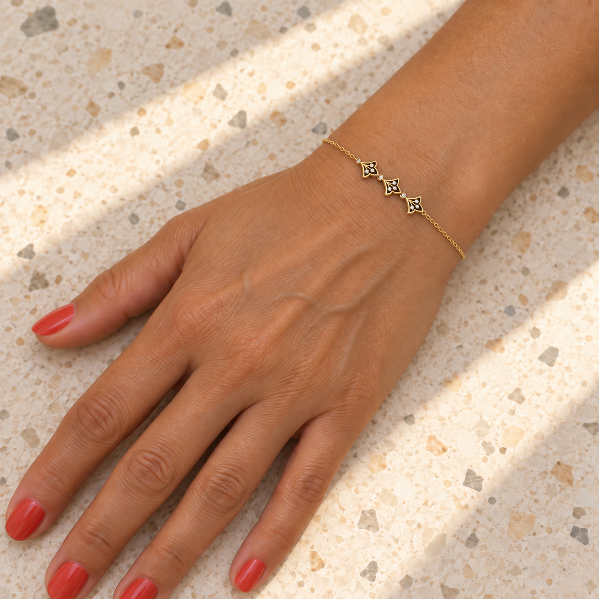 Black Enamel Trefoil Diamond Bracelet - worn view 1