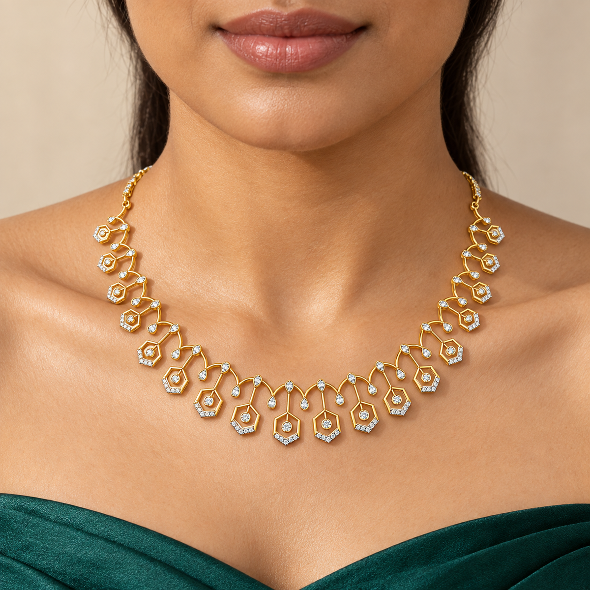 Hexagonal Vine Diamond Necklace - worn view 1