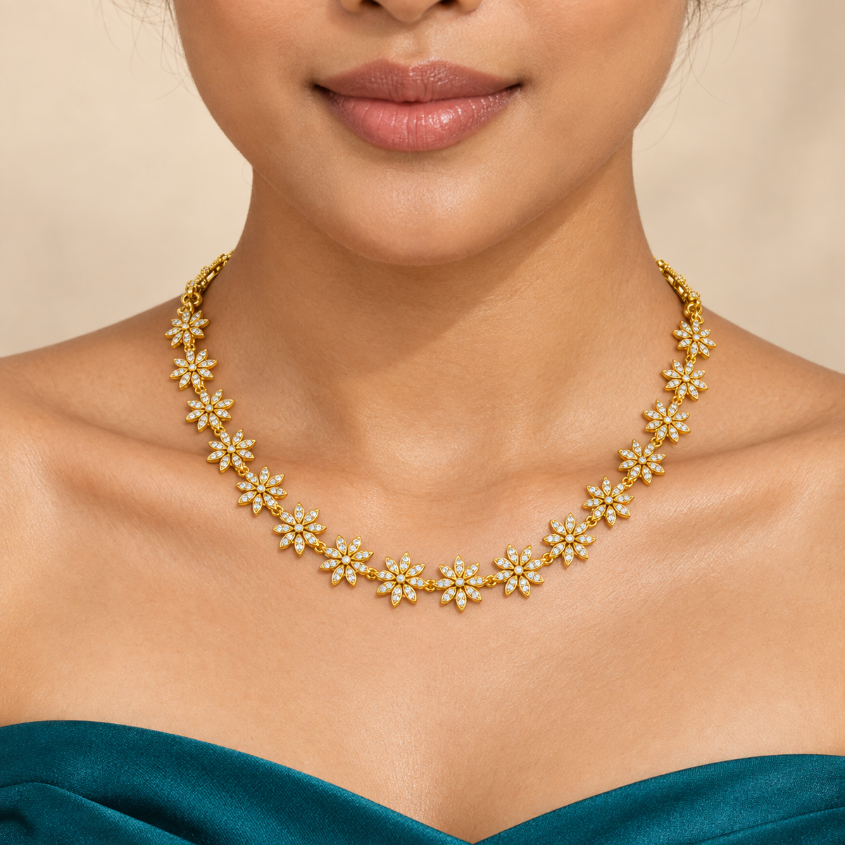Daisy Bloom Diamond Necklace Set - worn view 1