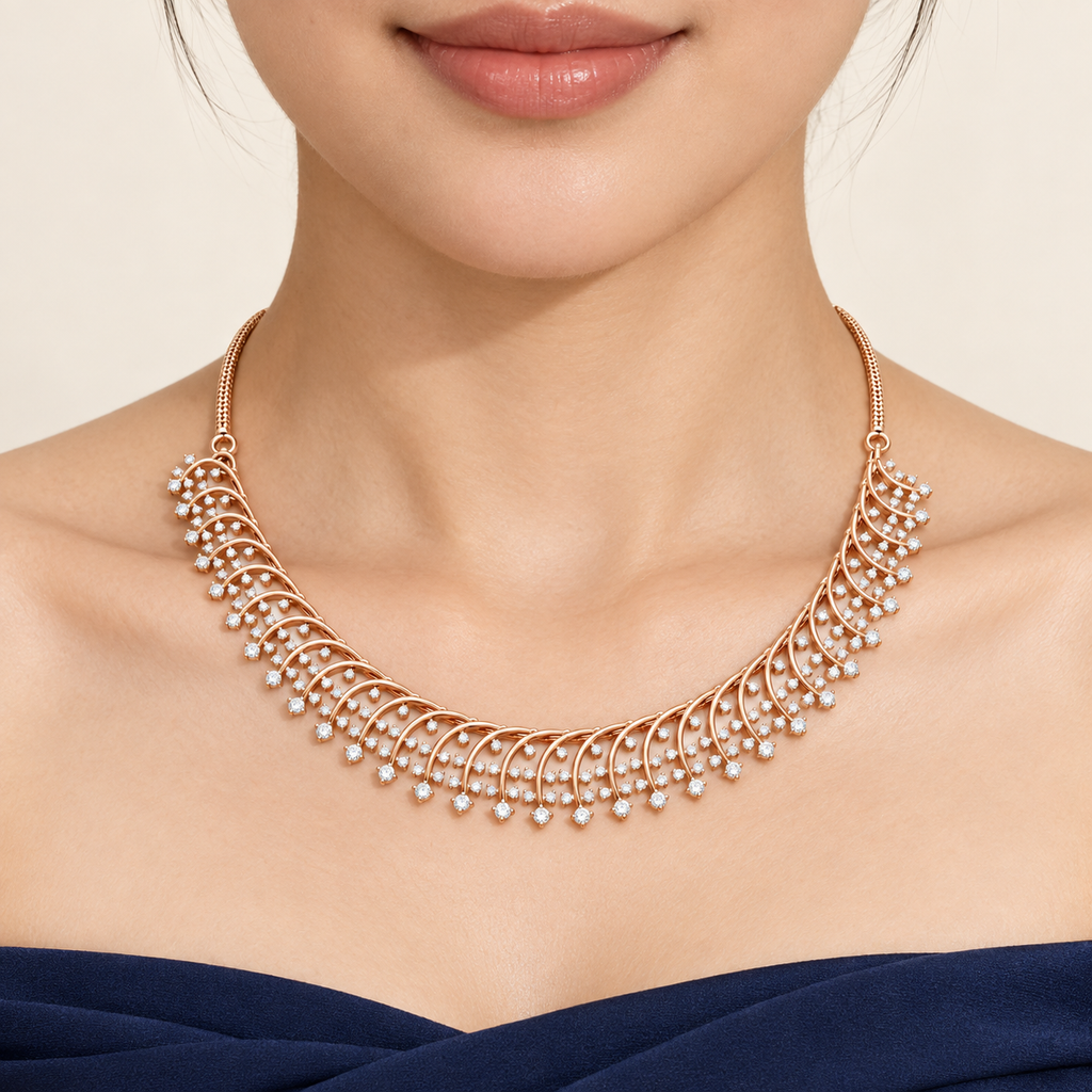 Rose Gold Fern Fringe Diamond Necklace - worn view 1