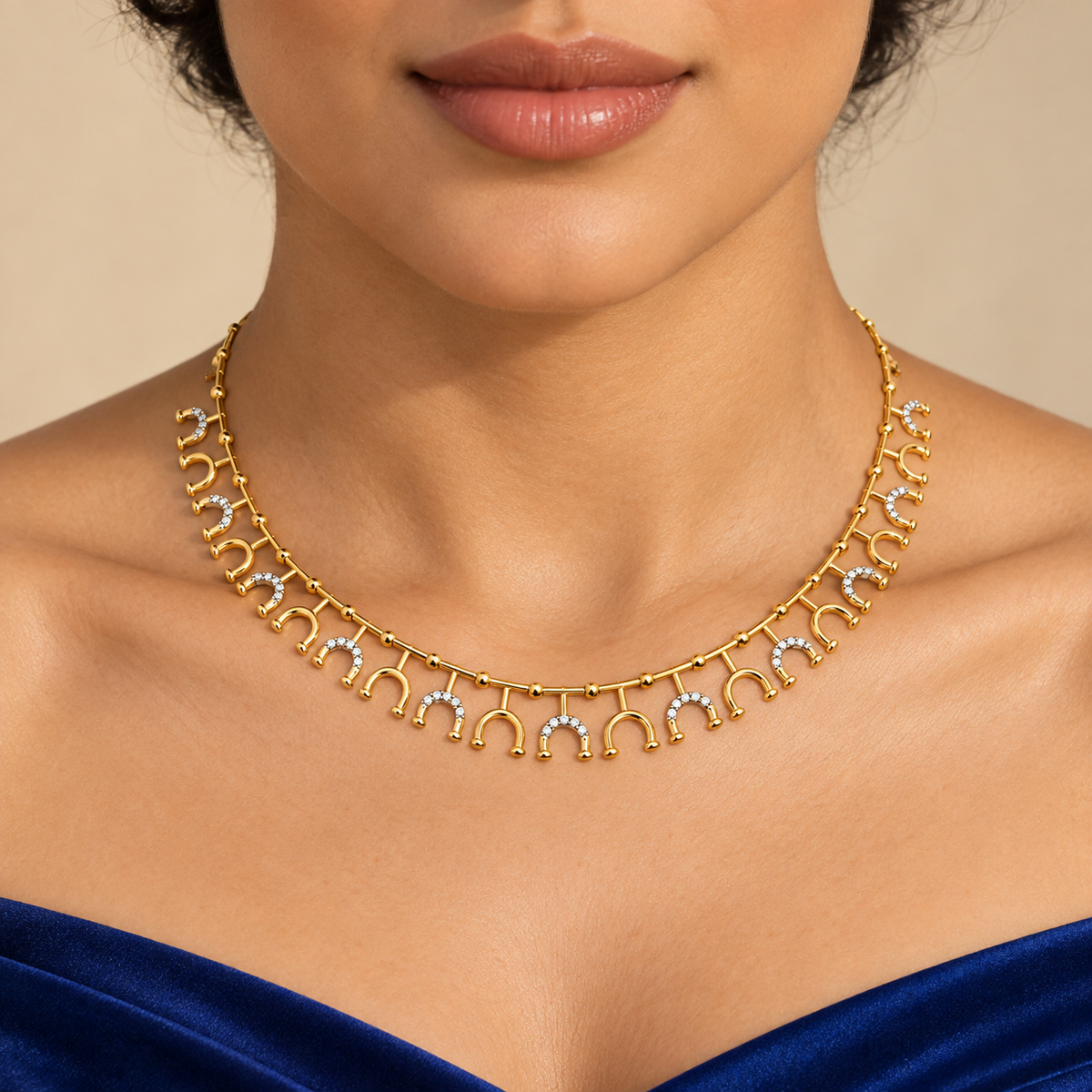 Horseshoe Fringe Diamond Necklace - worn view 1