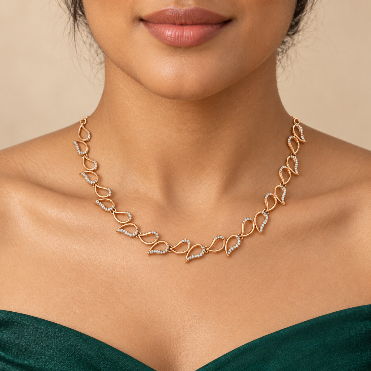 Sculpted Teardrop Vine Diamond Necklace - worn view 1