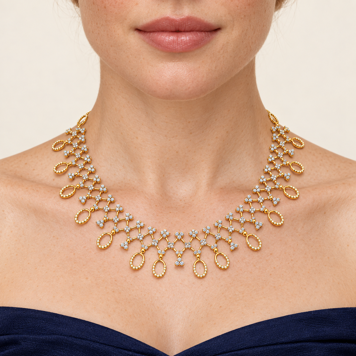 Lattice Oval Fringe Diamond Necklace - worn view 1