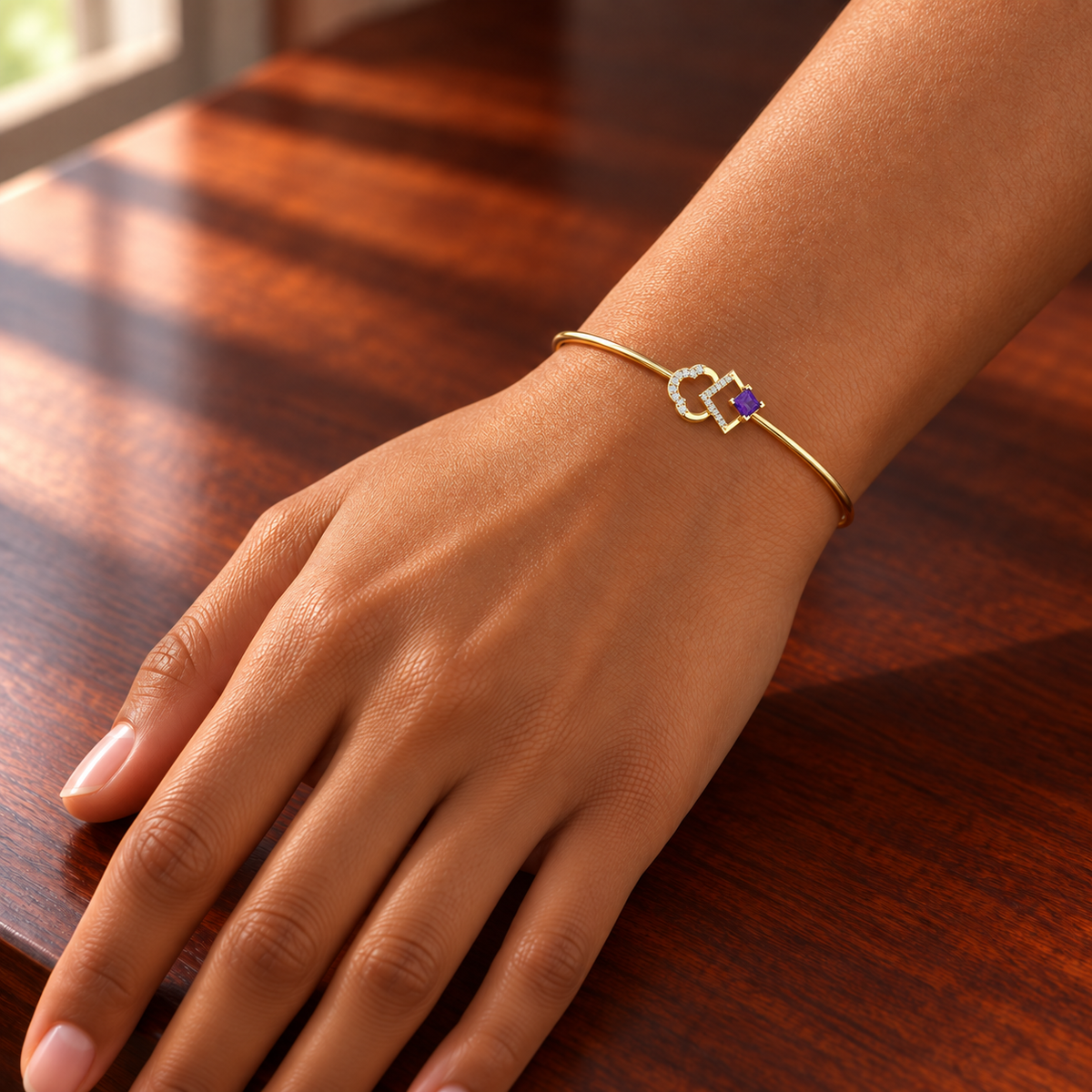 Violet Heart Geometry Diamond Bangle - worn view 1