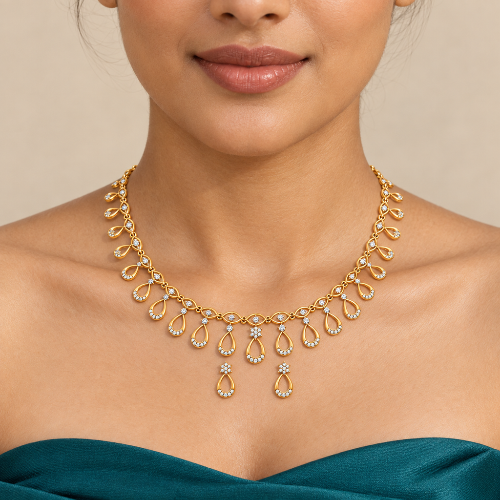 Teardrop Cascade Diamond Necklace Set - worn view 1