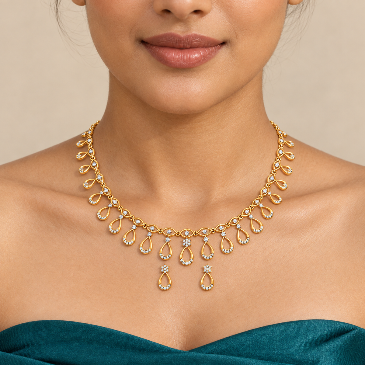 Teardrop Cascade Diamond Necklace Set - worn view 1