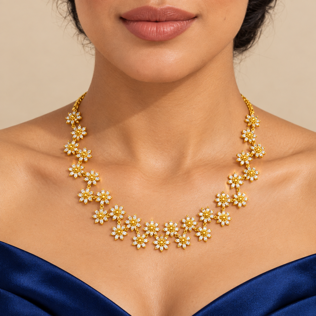 Golden Daisy Garland Necklace Set - worn view 1