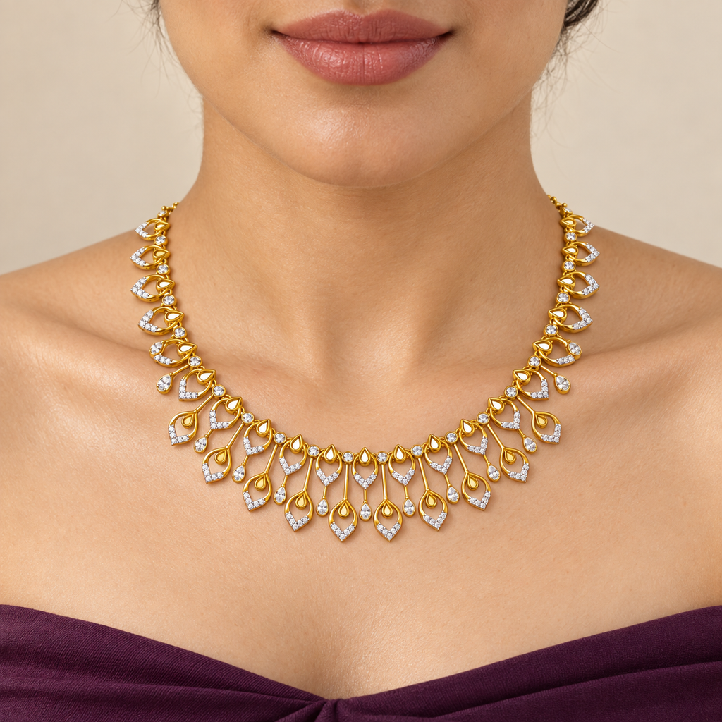 Double Teardrop Scroll Diamond Necklace - worn view 1