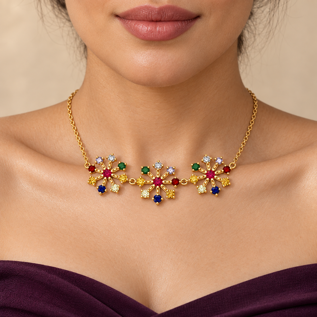 Multicolor Firework Gem Necklace - worn view 1