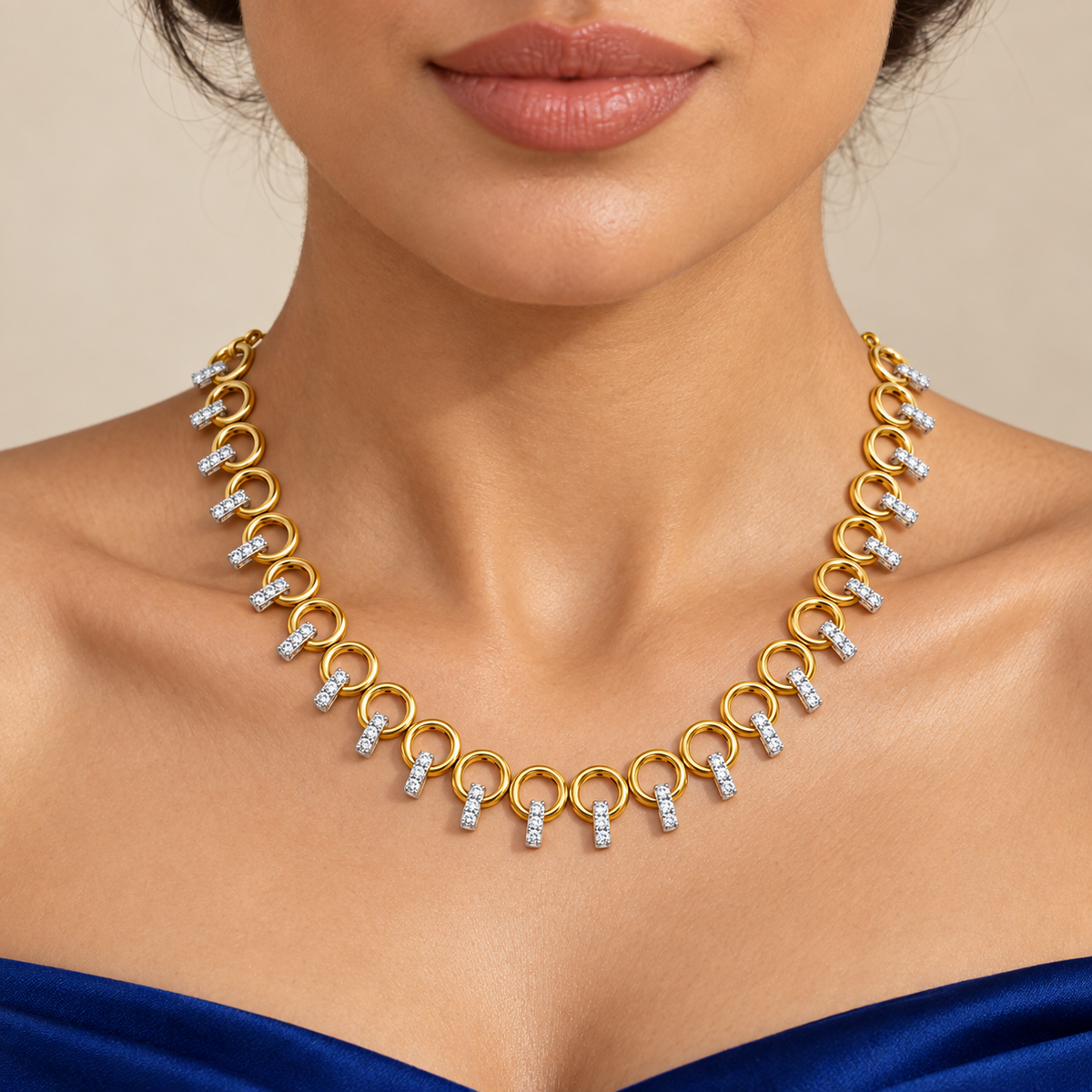 Interlocking Ring Bar Diamond Necklace - worn view 1