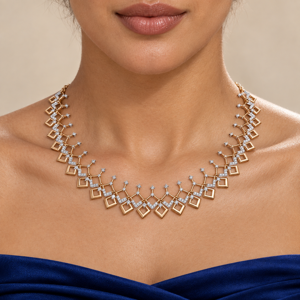 Cascading Square Fringe Diamond Necklace - worn view 1