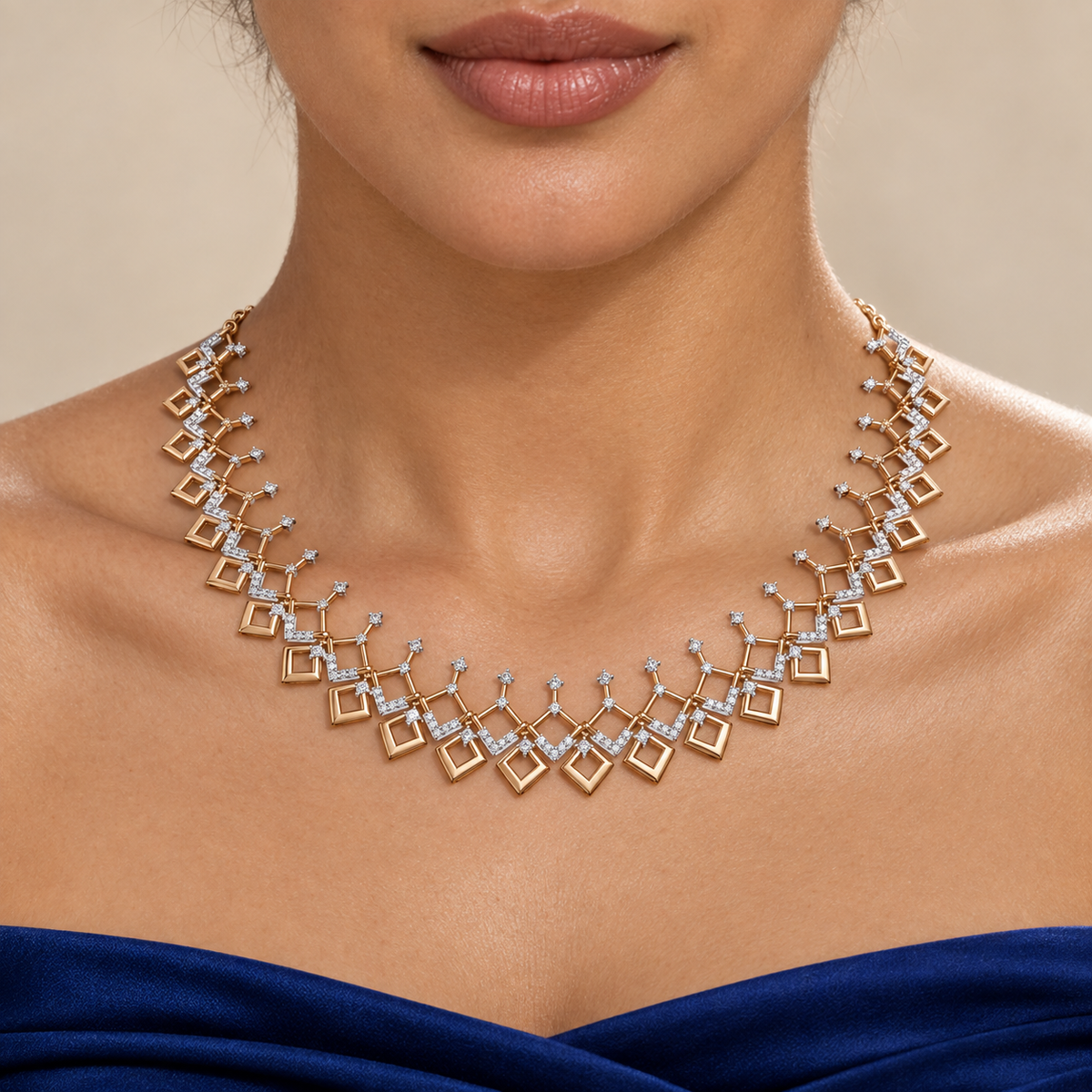 Cascading Square Fringe Diamond Necklace - worn view 1