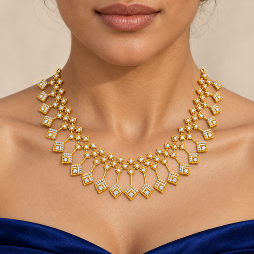 Cascading Square Diamond Necklace - worn view 1