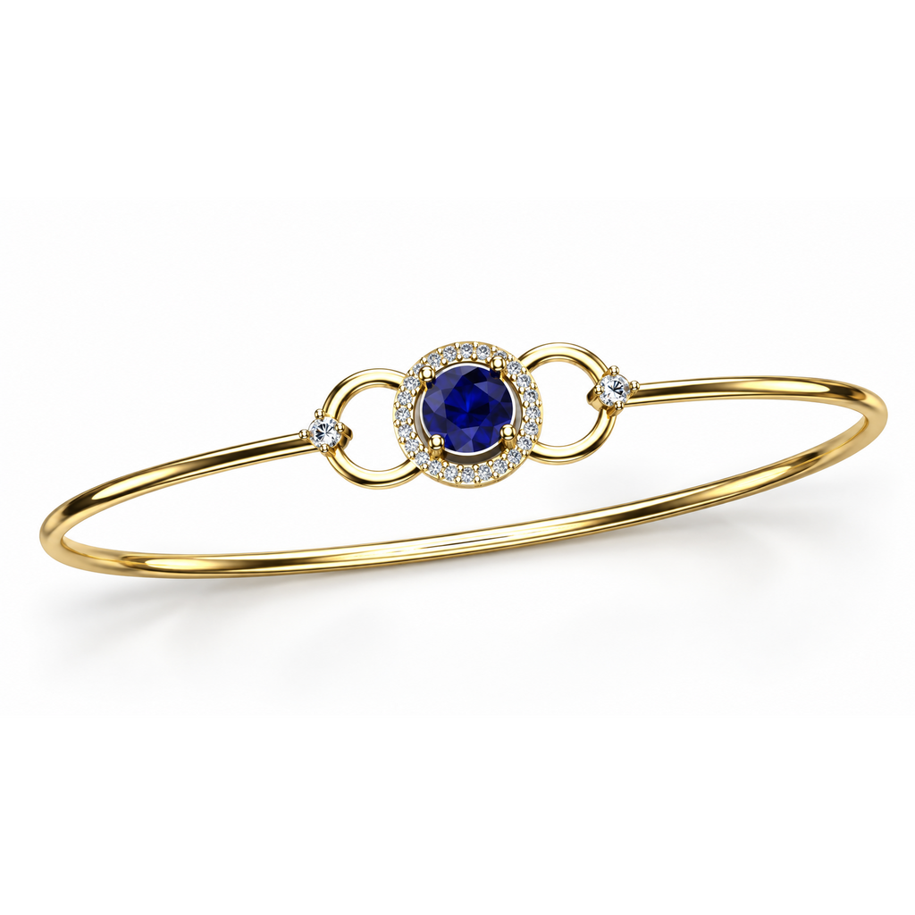 Sapphire Circle Diamond Gold Bangle - angled product view