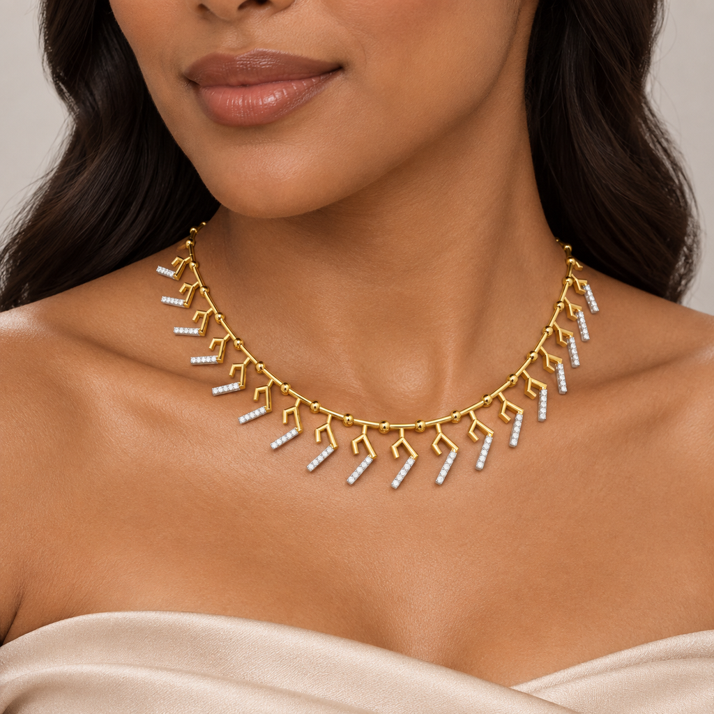 Graduated Chevron Fringe Diamond Necklace - worn view 2