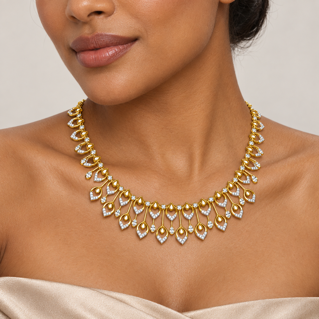 Double Teardrop Scroll Diamond Necklace - worn view 2
