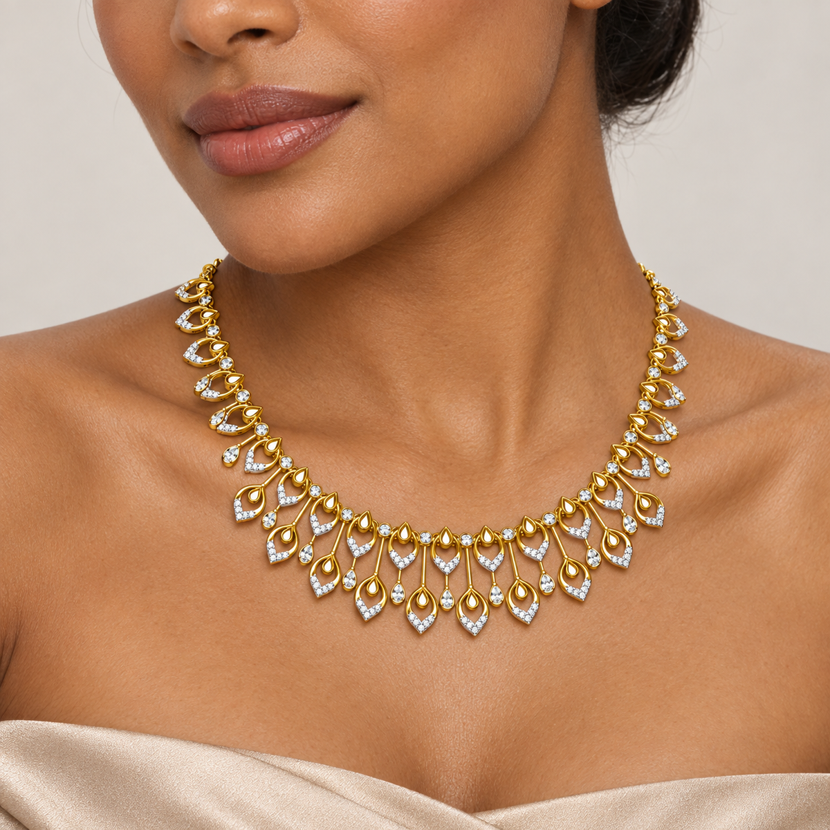 Double Teardrop Scroll Diamond Necklace - worn view 2