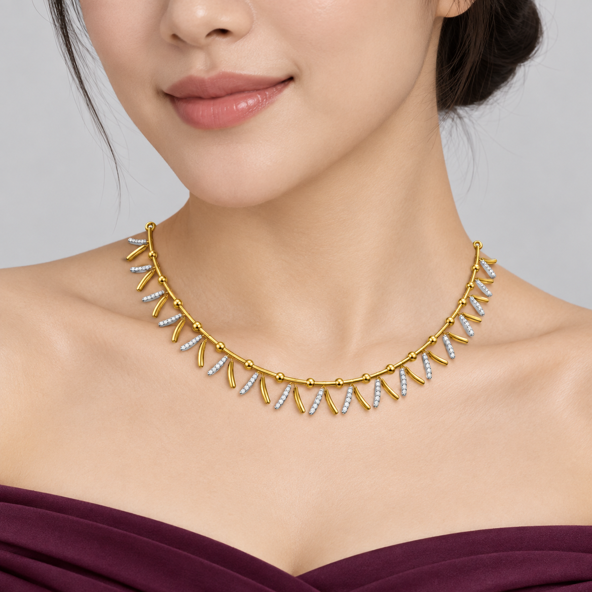 Two-Tone Leaf Fringe Diamond Necklace - worn view 2