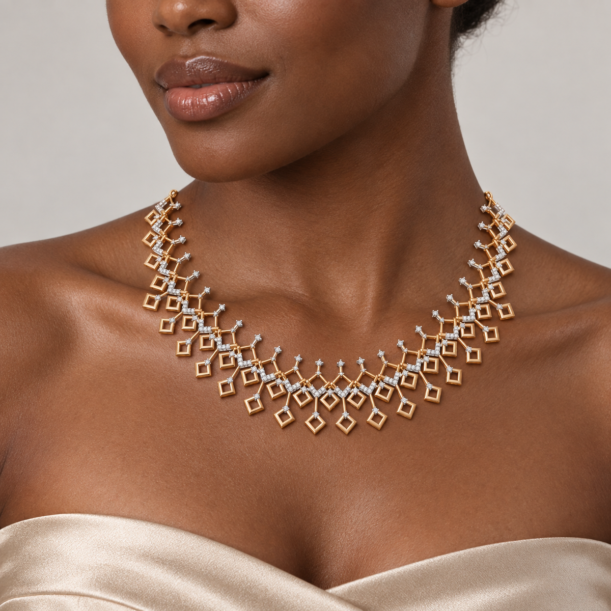 Cascading Square Fringe Diamond Necklace - worn view 2
