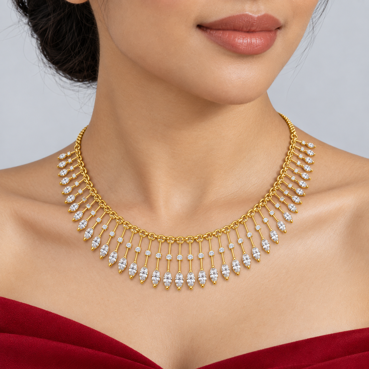 Marquise Tassel Diamond Necklace - worn view 2