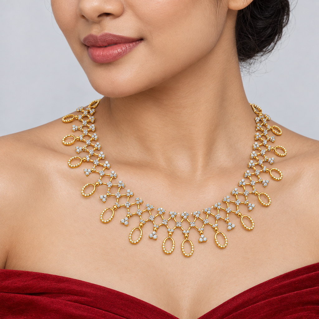 Lattice Oval Fringe Diamond Necklace - worn view 2